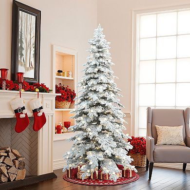 LuxenHome 7Ft Pre-Lit Flocked Artificial Slender Tree with Adjustable Lights and Metal Stand