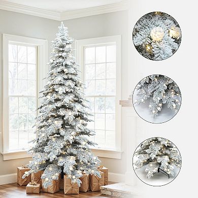 LuxenHome 7Ft Pre-Lit Flocked Artificial Slender Tree with Adjustable Lights and Metal Stand