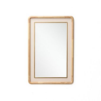 LuxenHome Rounded Rectangle Decorative Wall Mirror, 35" Rubber Wood Frame with PU Leather Accent
