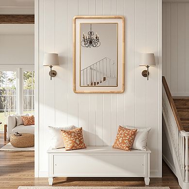 LuxenHome Rounded Rectangle Decorative Wall Mirror, 35" Rubber Wood Frame with PU Leather Accent