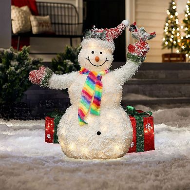 LuxenHome 3Ft Lighted Snowman with Bird, Festive Outdoor Christmas Display
