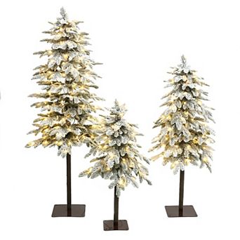 LuxenHome 3 pc Pre-Lit Green Sweeping Branches Artificial Christmas Tree Set with Light Faux Snow