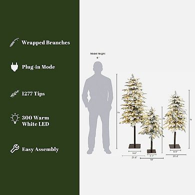 LuxenHome 3-Piece Pre-Lit Green Sweeping Branches Artificial Christmas Tree Set with Light Faux Snow