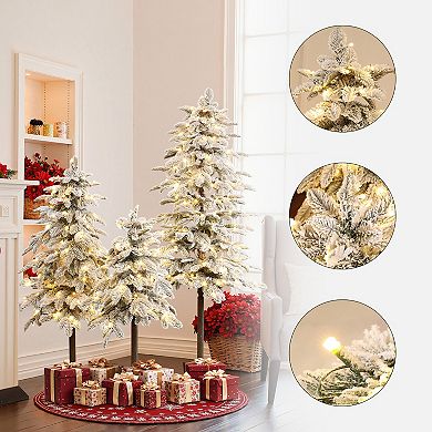 LuxenHome 3-Piece Pre-Lit Green Sweeping Branches Artificial Christmas Tree Set with Light Faux Snow
