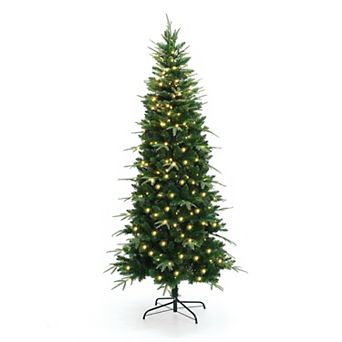 LuxenHome 6Ft Pre-Lit Green Slim Artificial Christmas Tree with 8 Light Functions