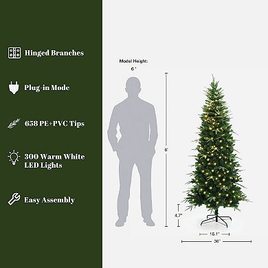 LuxenHome 6Ft Pre-Lit Green Slim Artificial Christmas Tree with 8 Light Functions