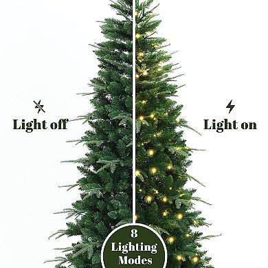 LuxenHome 6Ft Pre-Lit Green Slim Artificial Christmas Tree with 8 Light Functions