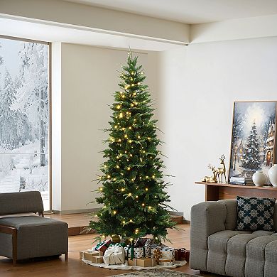 LuxenHome 6Ft Pre-Lit Green Slim Artificial Christmas Tree with 8 Light Functions
