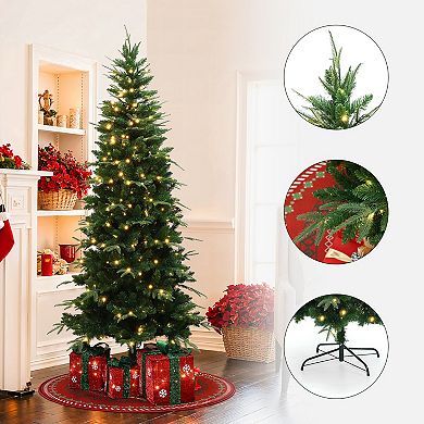 LuxenHome 6Ft Pre-Lit Green Slim Artificial Christmas Tree with 8 Light Functions