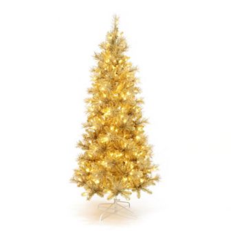 LuxenHome 7.5Ft Pre-Lit Gold Tinsel Artificial Pine Tree with Metal Stand