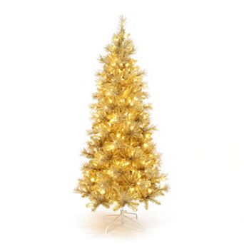 LuxenHome 7.5Ft Pre-Lit Gold Tinsel Artificial Pine Tree with Metal Stand