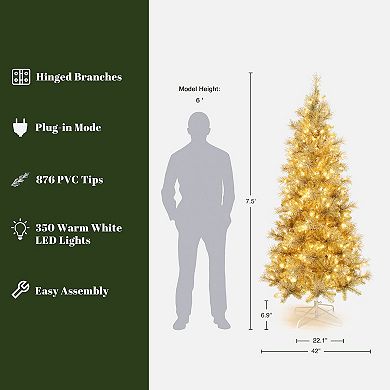 LuxenHome 7.5Ft Pre-Lit Gold Tinsel Artificial Pine Tree with Metal Stand