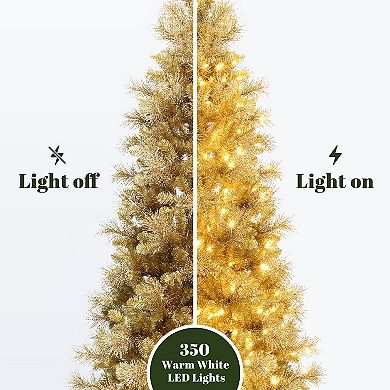 LuxenHome 7.5Ft Pre-Lit Gold Tinsel Artificial Pine Tree with Metal Stand
