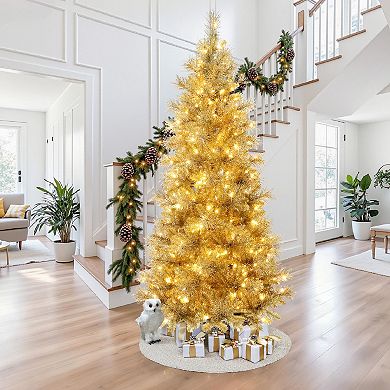 LuxenHome 7.5Ft Pre-Lit Gold Tinsel Artificial Pine Tree with Metal Stand