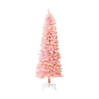LuxenHome 6Ft Pink Pencil Artificial Tree with Warm White Lights and 8 Light Functions