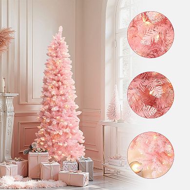 LuxenHome 6Ft Pink Pencil Artificial Tree with Warm White Lights and 8 Light Functions