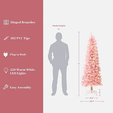 LuxenHome 6Ft Pink Pencil Artificial Tree with Warm White Lights and 8 Light Functions