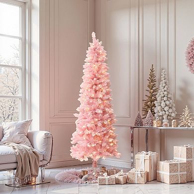 LuxenHome 6Ft Pink Pencil Artificial Tree with Warm White Lights and 8 Light Functions