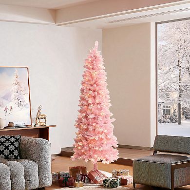 LuxenHome 6Ft Pink Pencil Artificial Tree with Warm White Lights and 8 Light Functions
