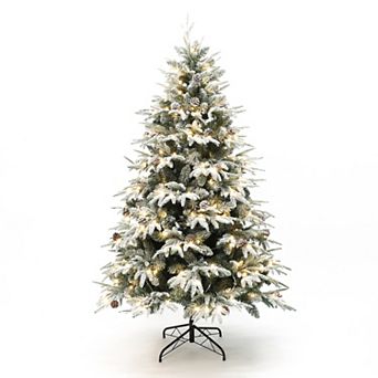 LuxenHome 7Ft Pre-Lit Snowy Green Branches Artificial Christmas Tree with Metal Stand