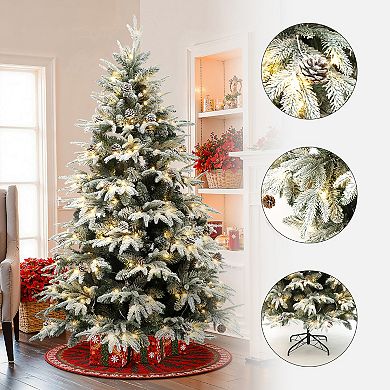 LuxenHome 7Ft Pre-Lit Snowy Green Branches Artificial Christmas Tree with Metal Stand