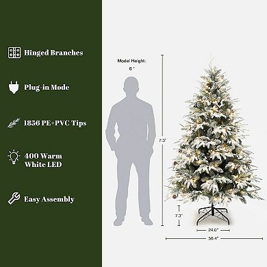 LuxenHome 7Ft Pre-Lit Snowy Green Branches Artificial Christmas Tree with Metal Stand
