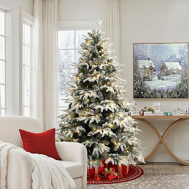LuxenHome 7Ft Pre-Lit Snowy Green Branches Artificial Christmas Tree with Metal Stand