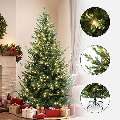 LuxenHome 7Ft Pre-Lit Artificial Natural Upswept Pine Christmas Tree with Metal Stand