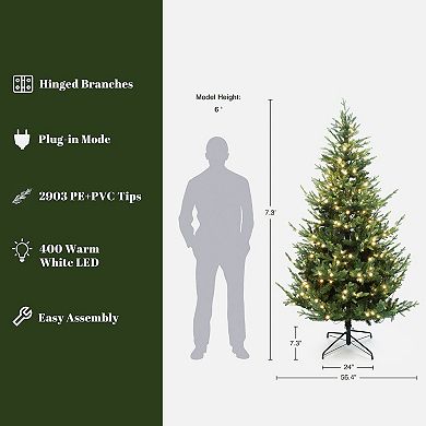 LuxenHome 7Ft Pre-Lit Artificial Natural Upswept Pine Christmas Tree with Metal Stand