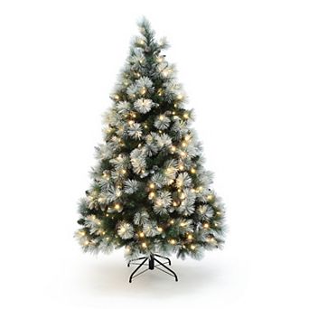 LuxenHome 6Ft Pre-Lit Flocked Artificial Pine Christmas Tree with Pinecone Decoration and Stand
