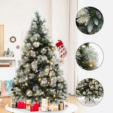 LuxenHome 6Ft Pre-Lit Flocked Artificial Pine Christmas Tree with Pinecone Decoration and Stand