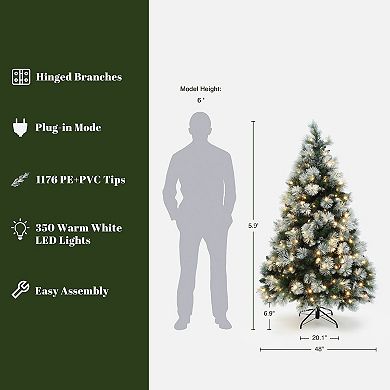 LuxenHome 6Ft Pre-Lit Flocked Artificial Pine Christmas Tree with Pinecone Decoration and Stand