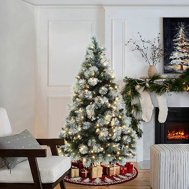 LuxenHome 6Ft Pre-Lit Flocked Artificial Pine Christmas Tree with Pinecone Decoration and Stand