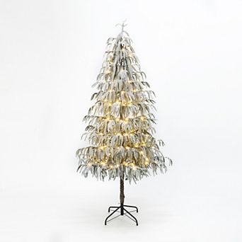 LuxenHome 6.5Ft Pre-Lit Snowy Branches Slim Artificial Cedar Christmas Tree with Metal Stand