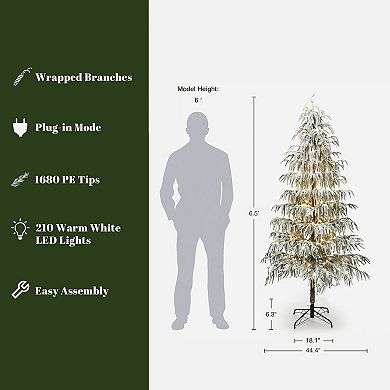 LuxenHome 6.5Ft Pre-Lit Snowy Branches Slim Artificial Cedar Christmas Tree with Metal Stand