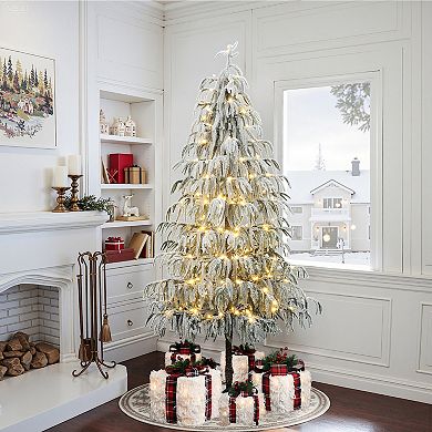 LuxenHome 6.5Ft Pre-Lit Snowy Branches Slim Artificial Cedar Christmas Tree with Metal Stand