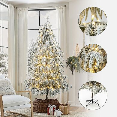 LuxenHome 6.5Ft Pre-Lit Snowy Branches Slim Artificial Cedar Christmas Tree with Metal Stand