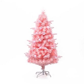 LuxenHome 5Ft Pink Cherry Blossom Christmas Tree with Fiber Optic Lights & Pinecone Star Topper