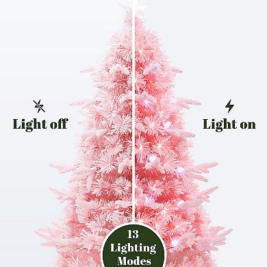 LuxenHome 5Ft Pink Cherry Blossom Christmas Tree with Fiber Optic Lights & Pinecone Star Topper