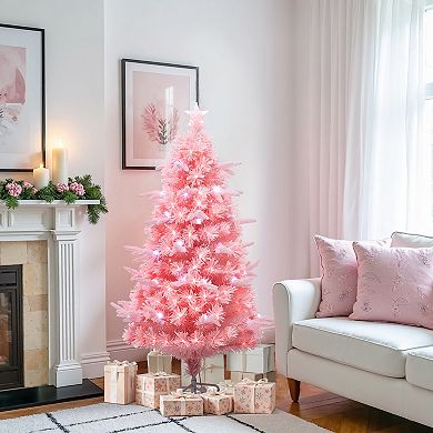 LuxenHome 5Ft Pink Cherry Blossom Christmas Tree with Fiber Optic Lights & Pinecone Star Topper