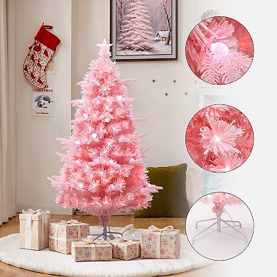 LuxenHome 5Ft Pink Cherry Blossom Christmas Tree with Fiber Optic Lights & Pinecone Star Topper
