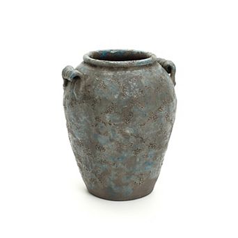 LuxenHome Antiqued Blue & Brown Terracotta Vase with Handles, 12" Tall Farmhouse Vintage Pottery