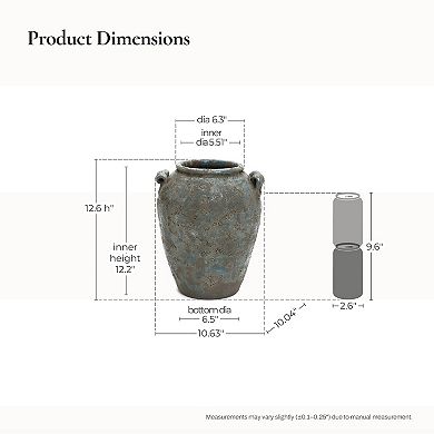 LuxenHome Antiqued Blue & Brown Terracotta Vase with Handles, 12" Tall Farmhouse Vintage Pottery