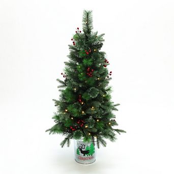 LuxenHome 4Ft Pre-Lit Green Artificial Pine Christmas Tree Potted with Red Berry Decorations