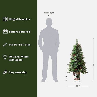 LuxenHome 4Ft Pre-Lit Green Artificial Pine Christmas Tree Potted with Red Berry Decorations