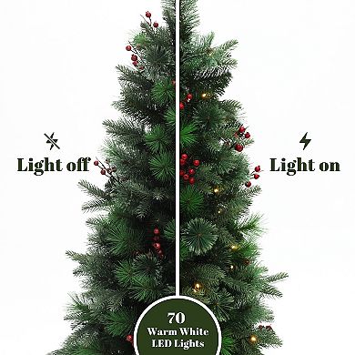 LuxenHome 4Ft Pre-Lit Green Artificial Pine Christmas Tree Potted with Red Berry Decorations