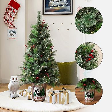 LuxenHome 4Ft Pre-Lit Green Artificial Pine Christmas Tree Potted with Red Berry Decorations