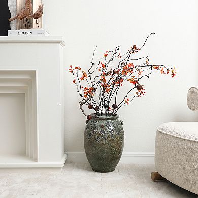 LuxenHome Antiqued Terracotta Jar Vase, Rustic 17-Inch Green & Brown Flower Holder