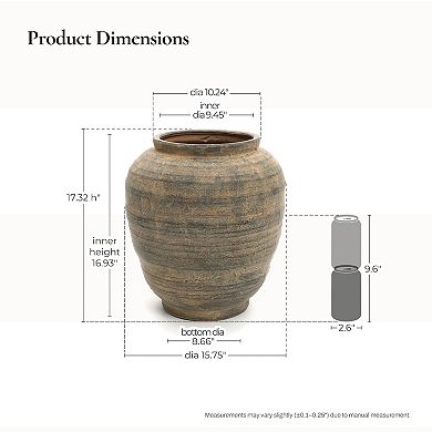 LuxenHome Vintage Pottery Brown 17.32-Inch Tall Round Ceramic Vase