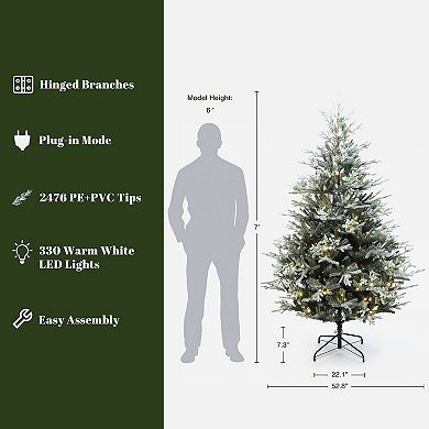 LuxenHome 7Ft Pre-Lit Green Artificial Fir Christmas Tree with Mistletoe Decorations and Metal Stand